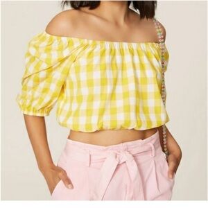 COLOR ME COURTNEY Puffy Sleeves Gingham Yellow Crop Top